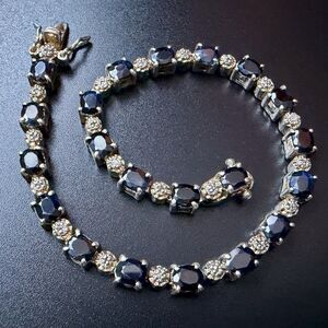 Sterling Silver Sapphire and Diamond Chip Tennis Bracelet 7.5” Gold Over 925 XOX